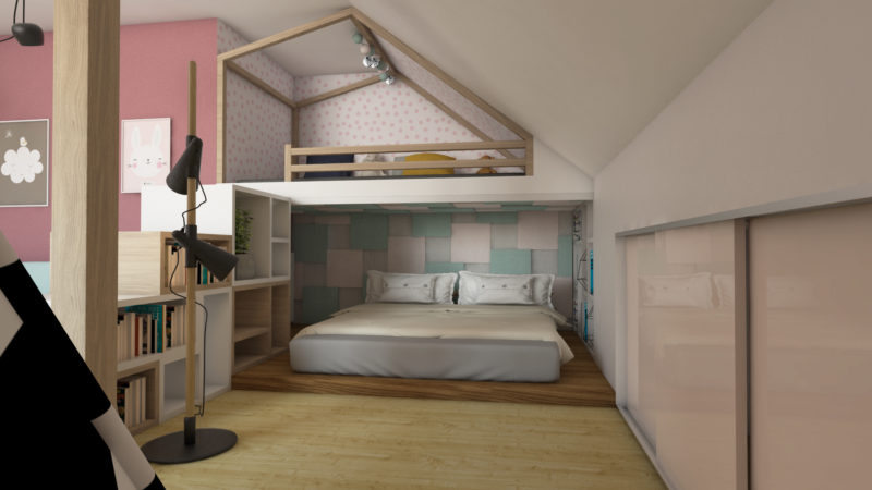 Antresola z tapetą, pod antresolą łóżko do spania, wszystkie elementy tworzą przyjemną przestrzeń.