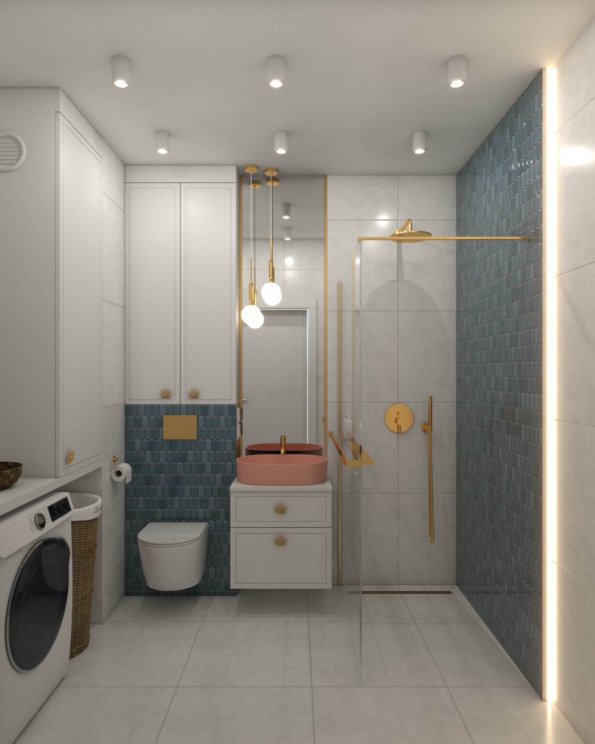 Projekt łazienki w mieszkaniu w Gdańsku z wykorzystaniem mozaiki firmy Raw Decor oraz armatury i sanitariatów firmy Omnires.